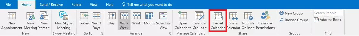 Outlook: barra de herramientas de la vista del calendario en la pestaña “Home” (Inicio)
