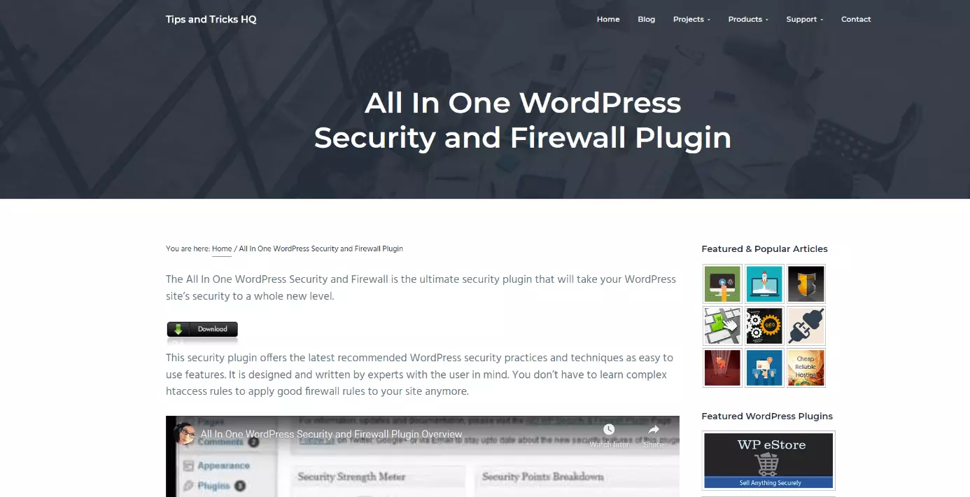 Página web del plugin All In One WordPress Security and Firewall