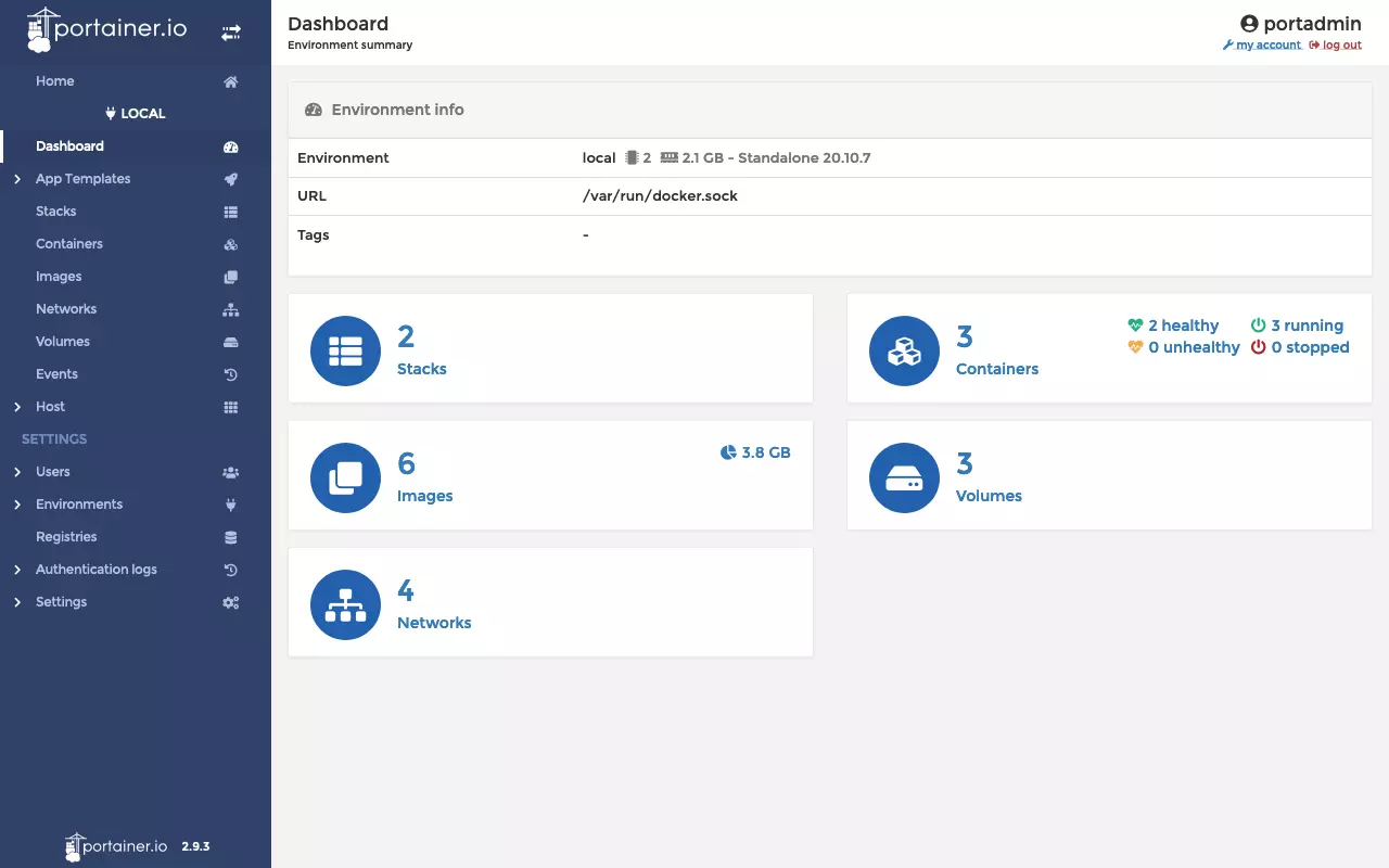 Imagen: Panel de control de la interfaz web de Portainer.