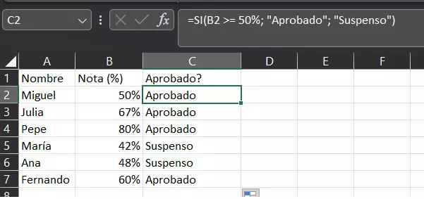 Función SI de Excel para determinar los suspensos y aprobados de una clase Función SI de Excel para determinar los suspensos y aprobados de una clase