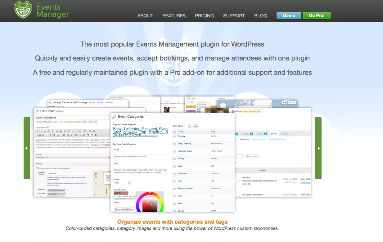 Captura de pantalla de la página web oficial de Events Manager