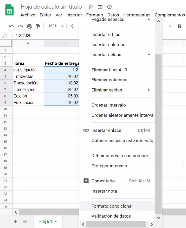 Google Sheets: tabla con un rango seleccionado.