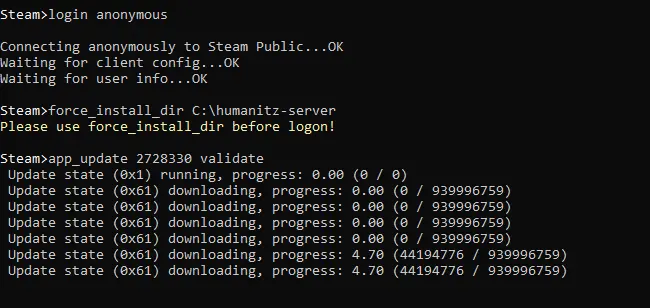 Imagen: Instalación del servidor de HumanitZ en SteamCMD