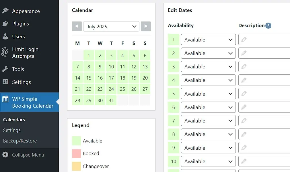 WP Simple Booking Calendar en el backend de WordPress Imagen: WP Simple Booking Calendar en el backend de WordPress