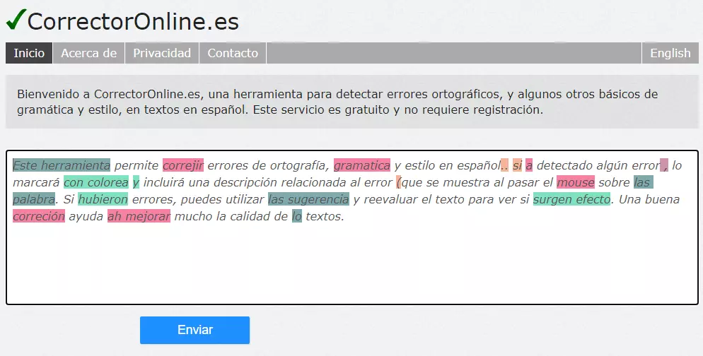 La página principal del corrector gramatical CorrectorOnline.es