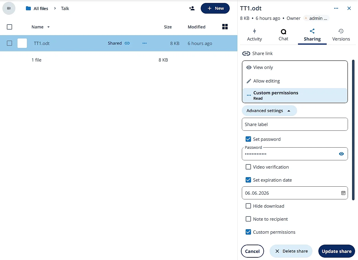 Permisos personalizados al compartir archivos en Nextcloud Imagen: Permisos personalizados al compartir archivos en Nextcloud
