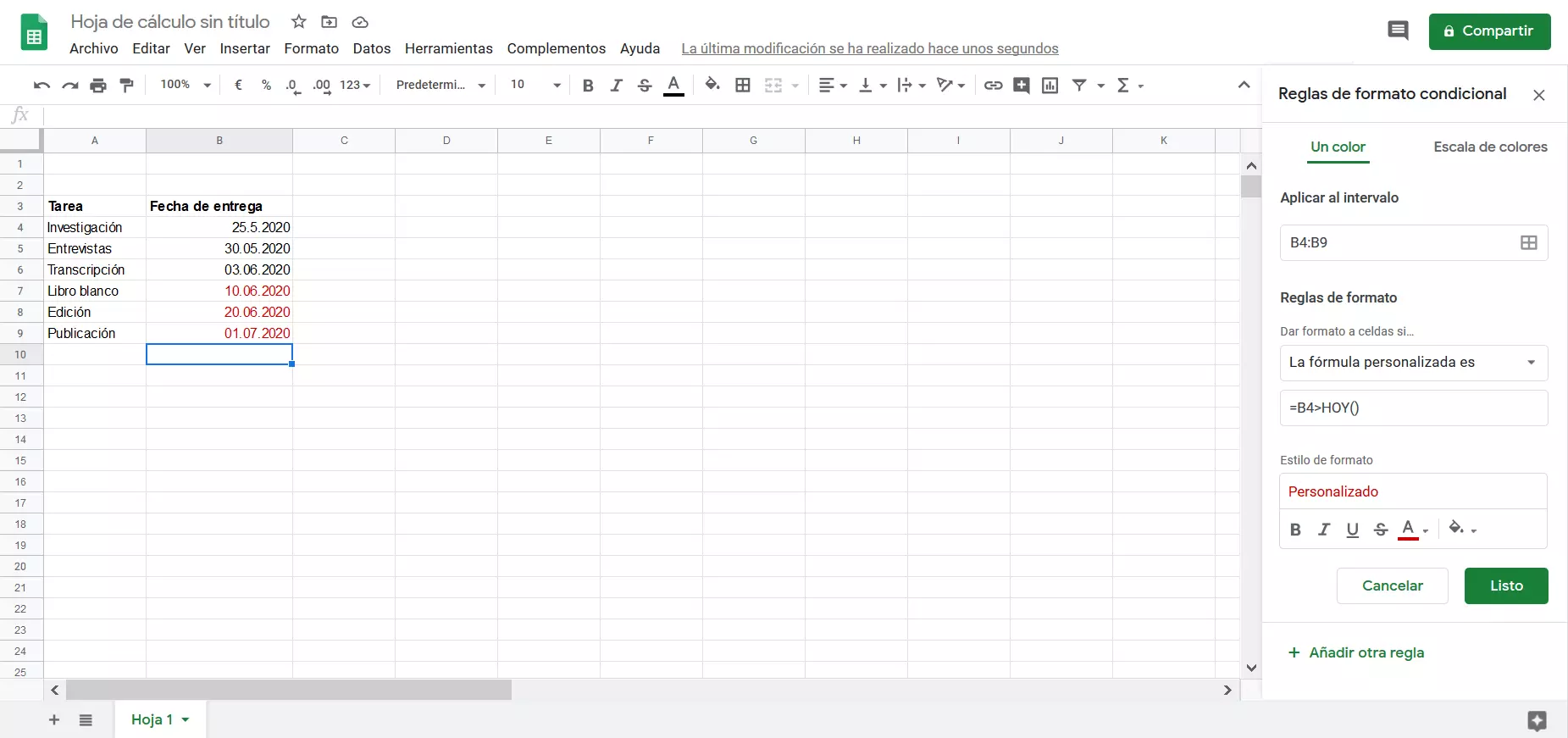Reglas para el formato condicional en Google Sheets.
