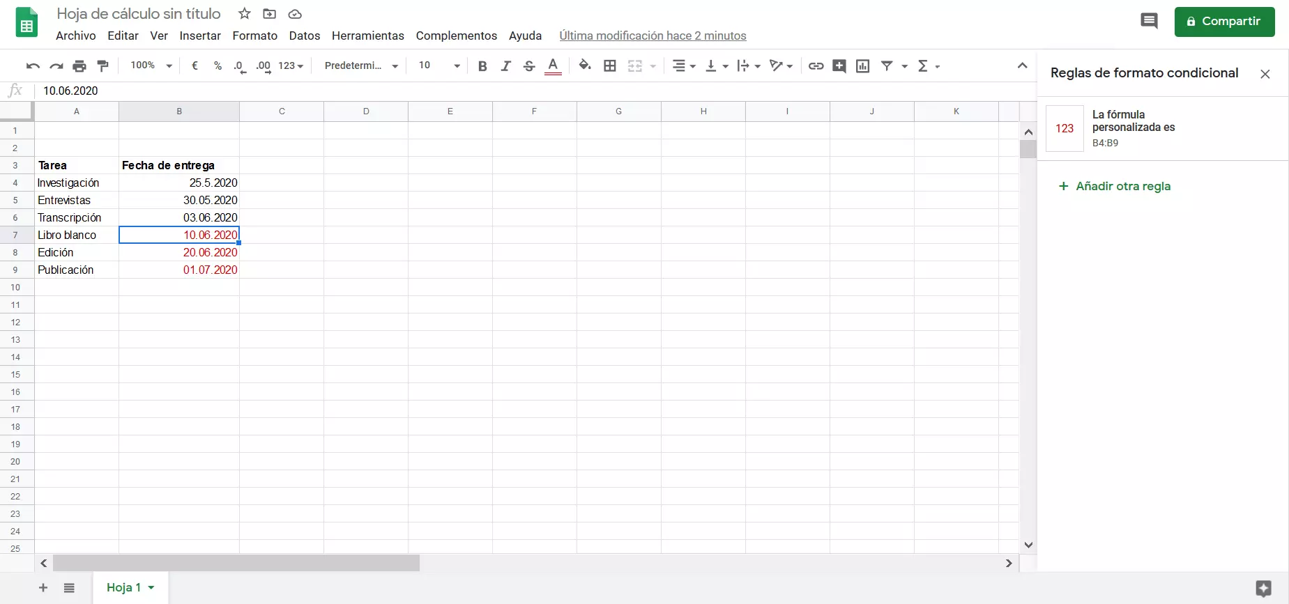 Google Sheets: reglas de formato habilitadas para la celda seleccionada.