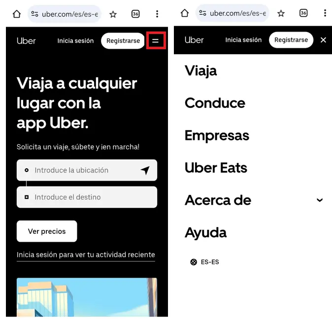 Imagen: Menú de navegación off canvas en la página web de Uber
