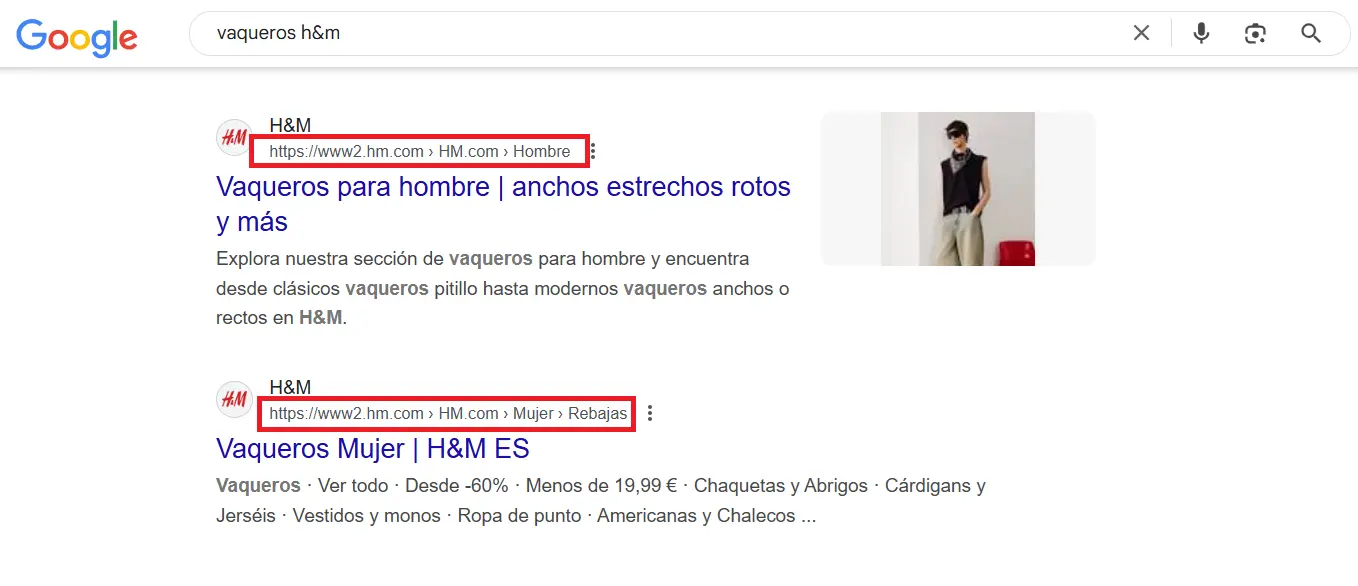 Captura de pantalla de una búsqueda en Google para “vaqueros h&m” Imagen: Captura de pantalla de una búsqueda en Google para “vaqueros h&m”