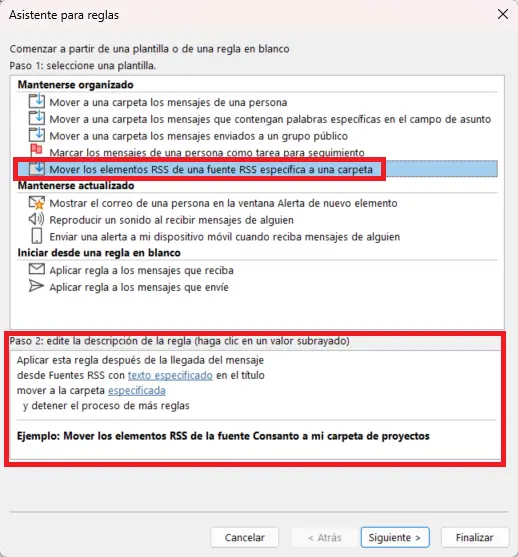 Asistente para reglas de Outlook: selección de plantilla de reglas Imagen: Asistente para reglas de Outlook: selección de plantilla de reglas
