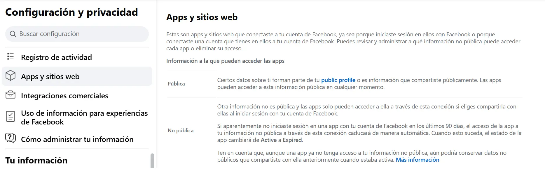 Imagen: Menú de Facebook “Apps y sitios web”