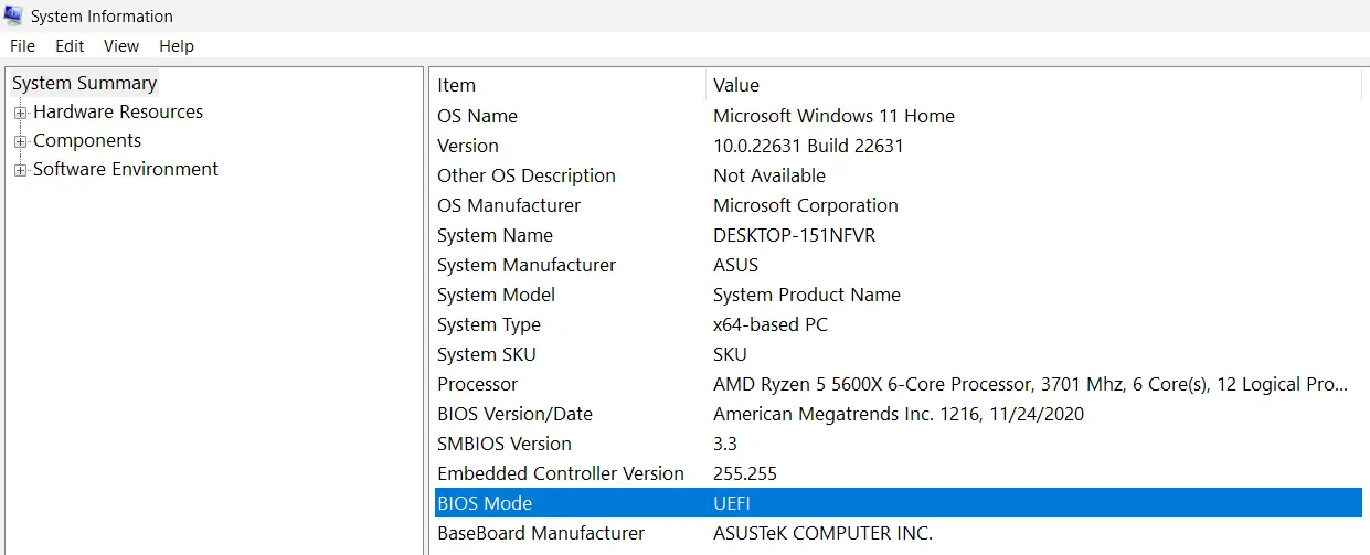 Modo BIOS en la vista general del sistema de Windows 11 Imagen: Modo BIOS en la vista general del sistema de Windows 11