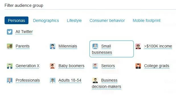 Imagen: Captura de pantalla de los filtros para las audiencias en Twitter Analytics