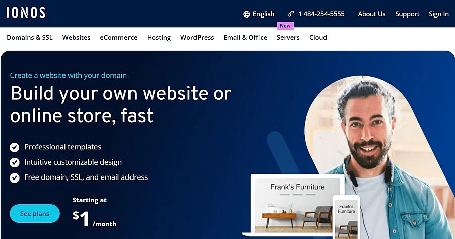 Captura de pantalla de la página sobre el creador de páginas web de IONOS Imagen: Captura de pantalla de la página sobre el creador de páginas web de IONOS