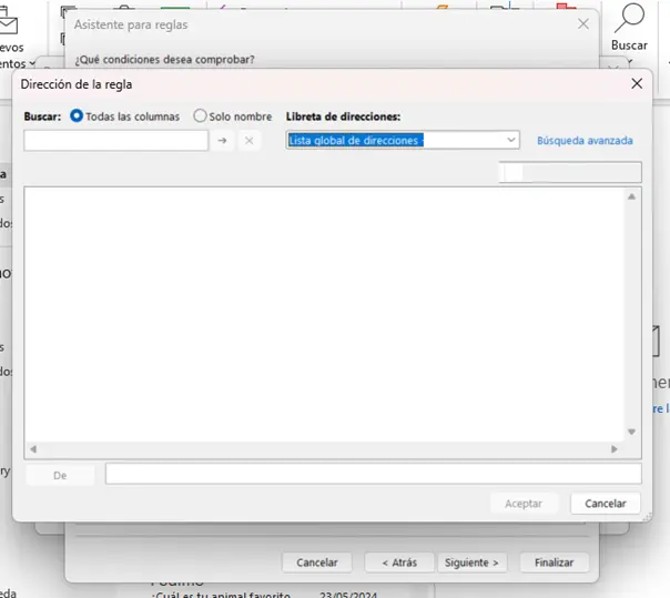 Asistente para reglas en Outlook: selección de dirección del remitente Imagen: Asistente para reglas en Outlook: selección de dirección del remitente
