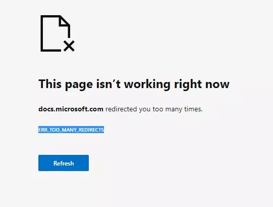 Captura de pantalla del aviso ERR_TOO_MANY_REDIRECTS en Edge
