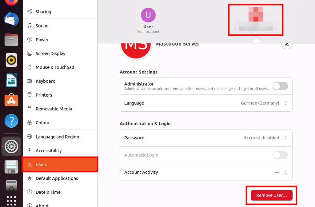 Imagen: Eliminar cuenta de usuario en la interfaz Ubuntu