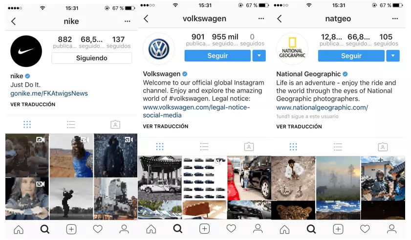Imagen: Perfil oficial de Nike, de Volkswagen, de National Geographic en Instagram