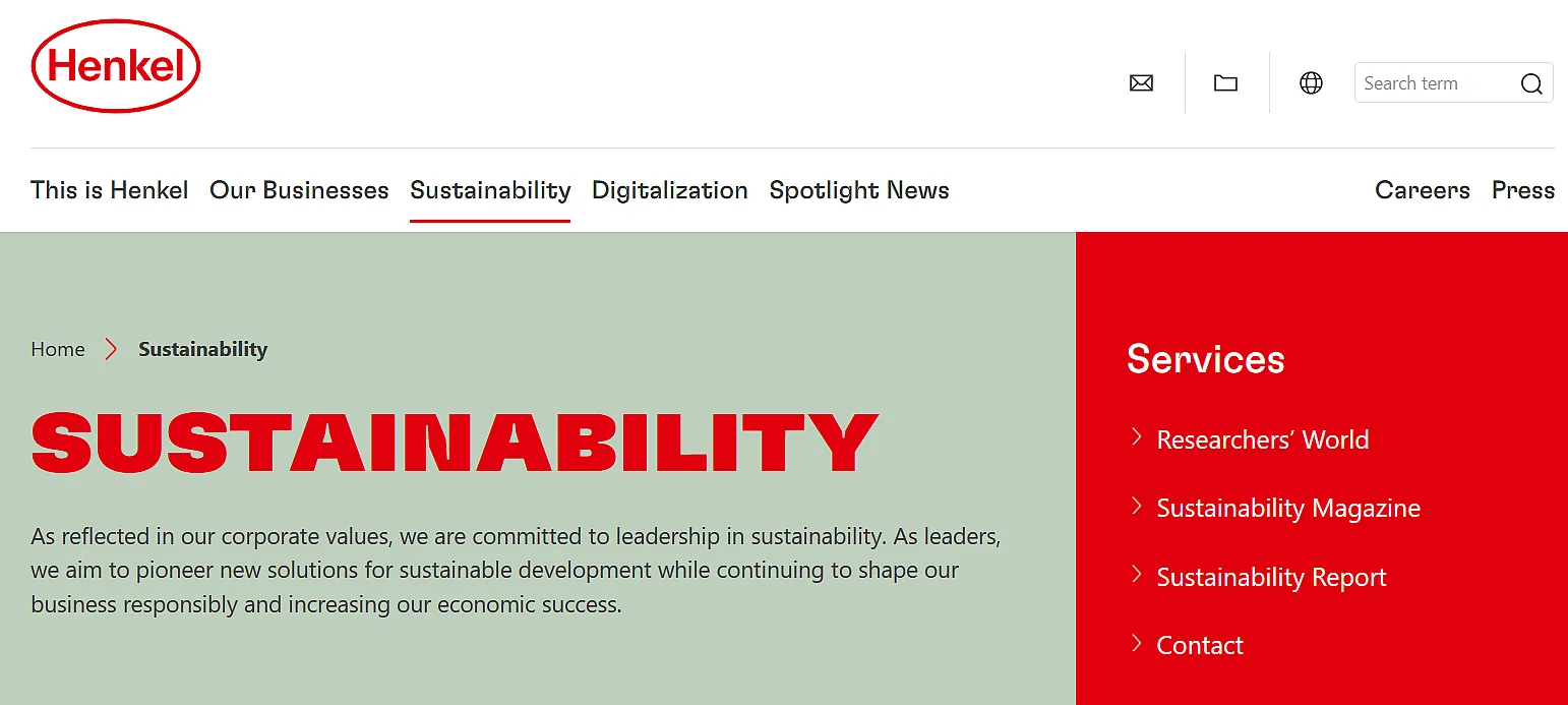Captura de pantalla de la sección sobre sostenibilidad (“Sustainability“ en la página web de Henkel Imagen: Captura de pantalla de la sección sobre sostenibilidad (“Sustainability“ en la página web de Henkel