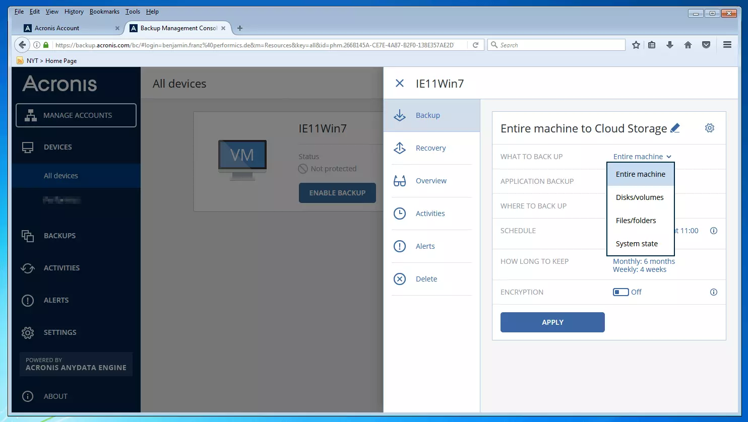 Imagen: Consola de gestión de copias de seguridad de Acronis Backup 12.5: menú desplegable para seleccionar la fuente de datos