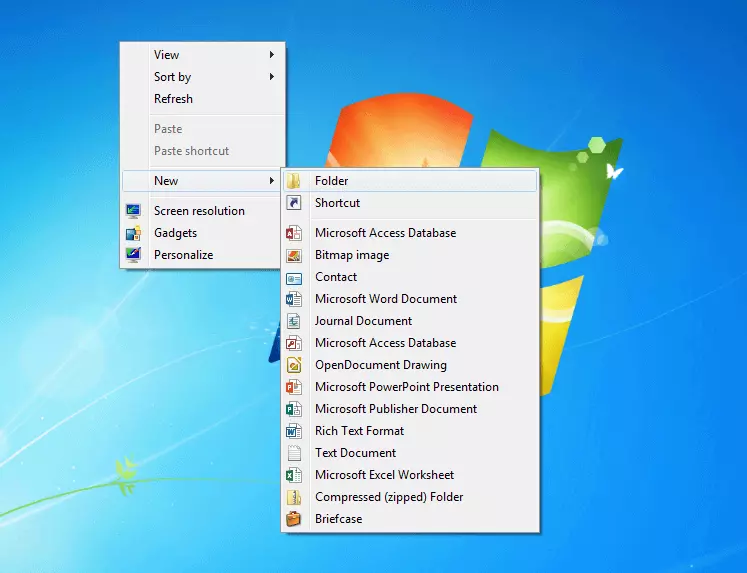 Imagen: Captura de pantalla del escritorio de Windows con el menú abierto para crear una nueva carpeta