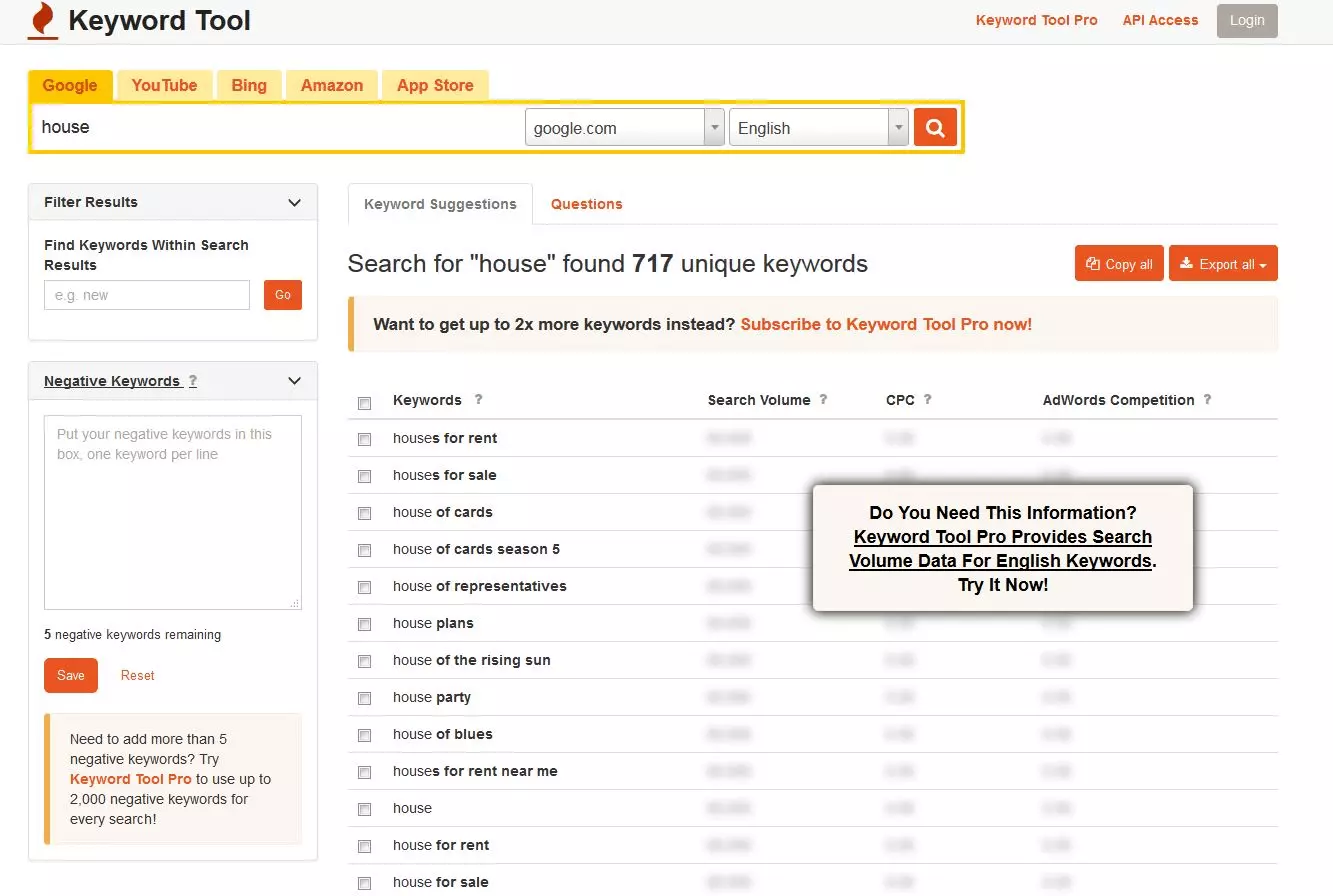 KeywordTool.io: resultados de la búsqueda en Google para el término “house”