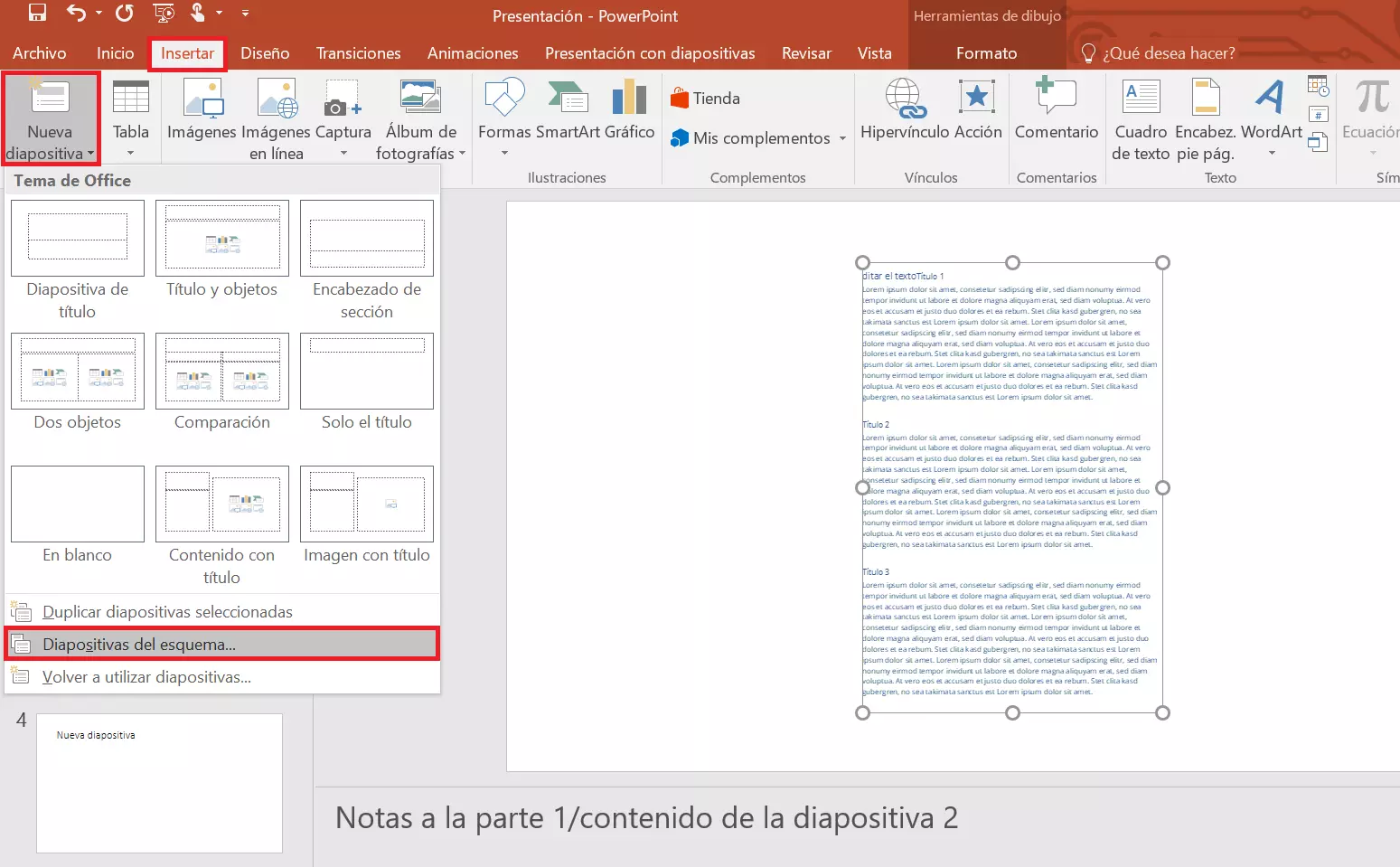 Imagen: PowerPoint: menú desplegable de “Nueva diapositiva”