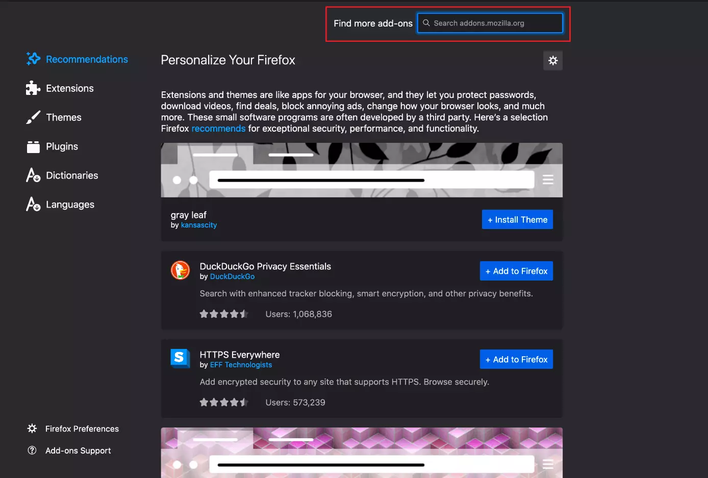 Buscar add ons en el administrador de complementos de Mozilla Firefox