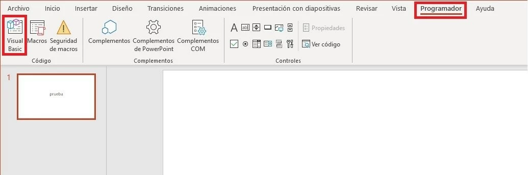 Pestaña “Programador” en PowerPoint 2016