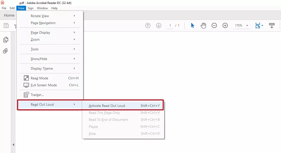 Imagen: Adobe Acrobat Reader: selección de menú “Ver” > “Leer en voz alta” > “Activar lectura en voz alta”