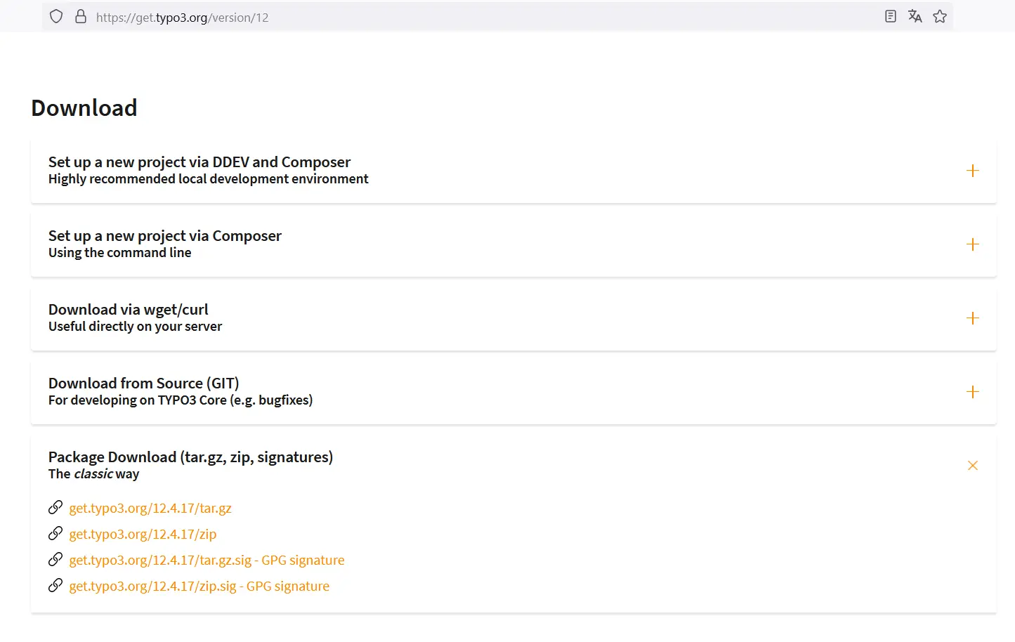 Imagen: Enlaces de descarga para TYPO3 12 para l&iacute;neas de comando, en el servidor, como c&oacute;digo fuente desde GitHub y como paquete comprimido
