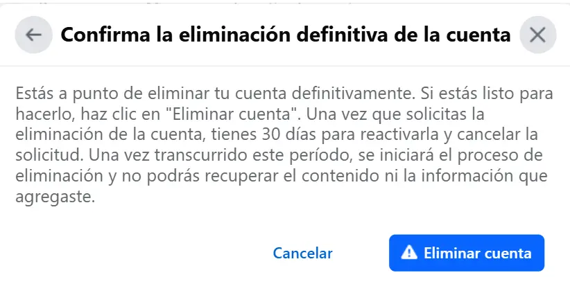 Imagen: Facebook: confirmar eliminación de la cuenta
