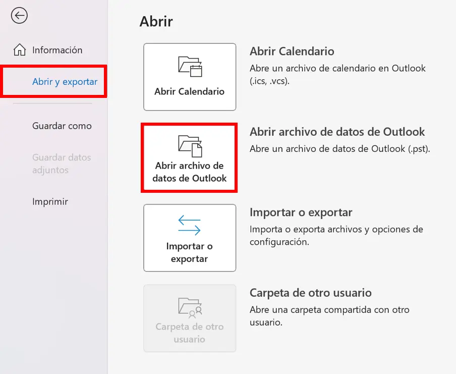 Imagen: Opción de “Abrir archivo de datos de Outlook” en el apartado “Abrir y exportar” del menú “Archivo” de Outlook