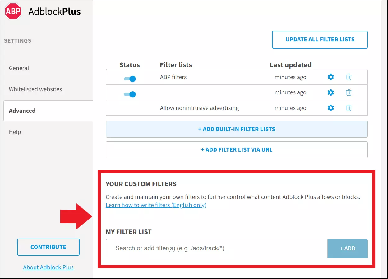 Imagen: Opción de excepciones en la configuración de Adblock Plus