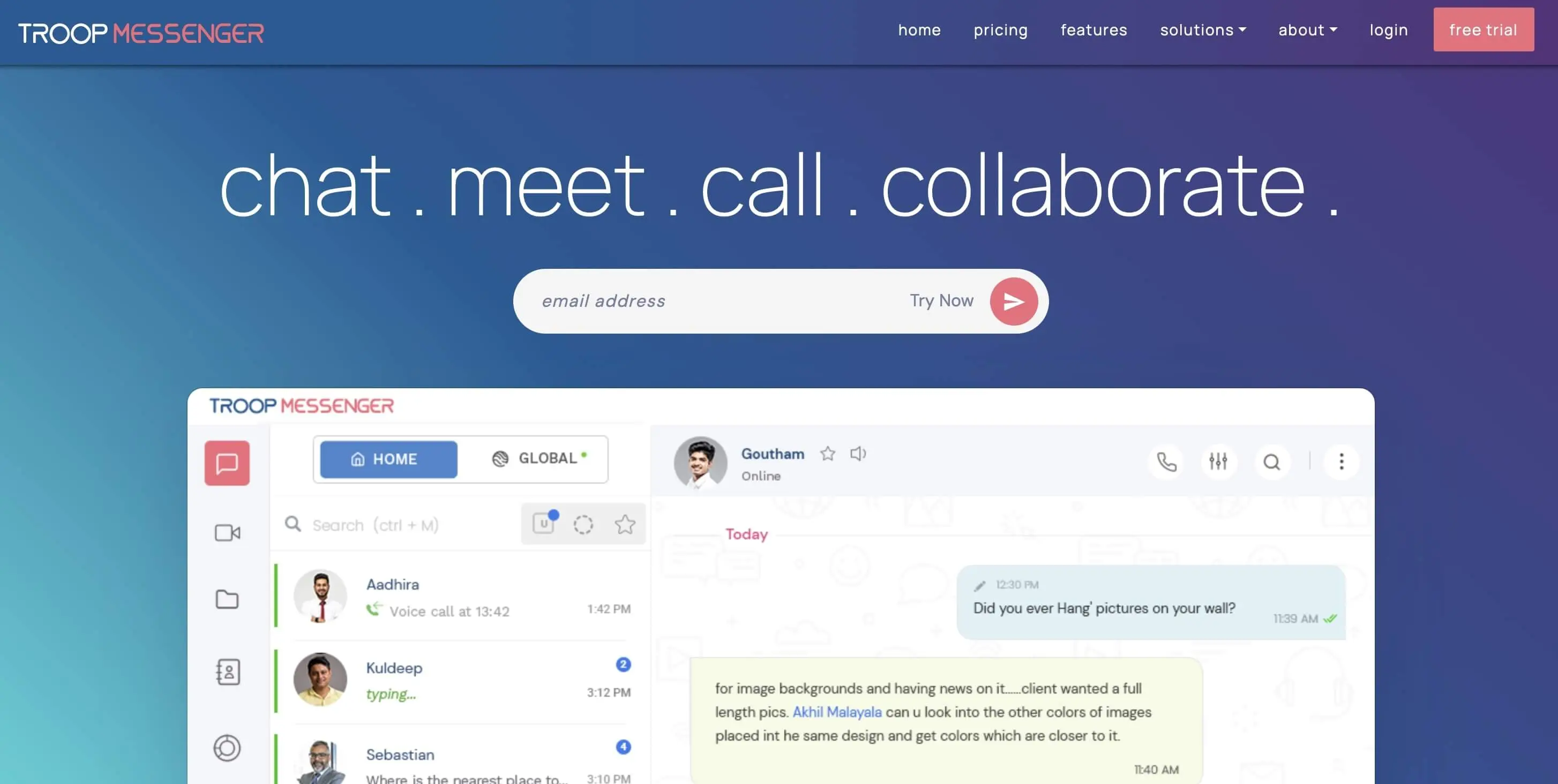 Captura de pantalla de la página web de Troop Messenger Imagen: Captura de pantalla de la página web de Troop Messenger