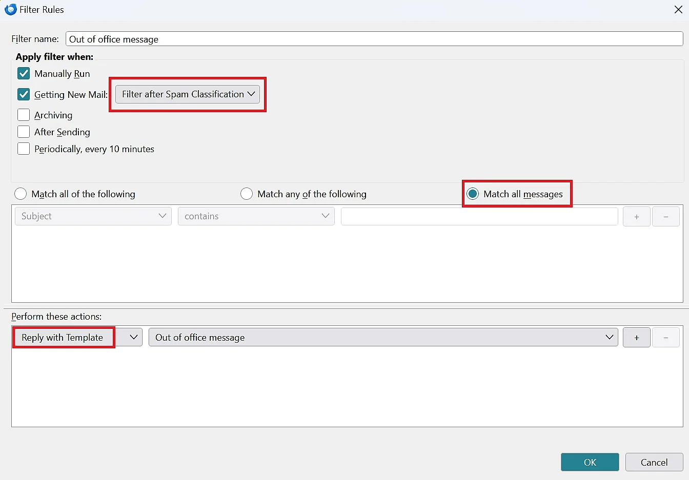 Configurar respuesta automática en Thunderbird: configurar filtro Imagen: Configurar respuesta automática en Thunderbird: configurar filtro