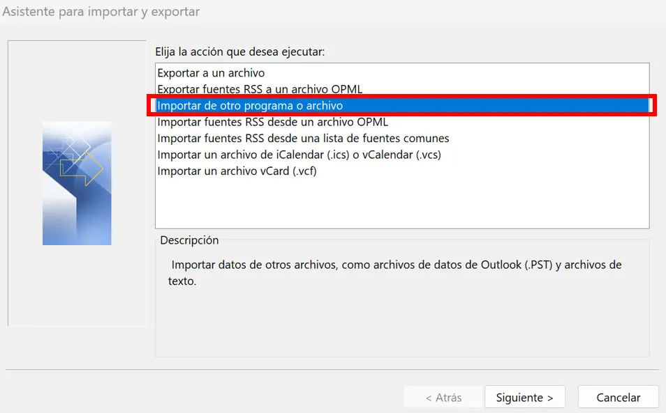 Imagen: Aasistente de importación y exportación de Outlook con opciones para importar y exportar archivos