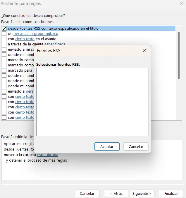 El Asistente para reglas en Outlook: selección del feed Imagen: El Asistente para reglas en Outlook: selección del feed