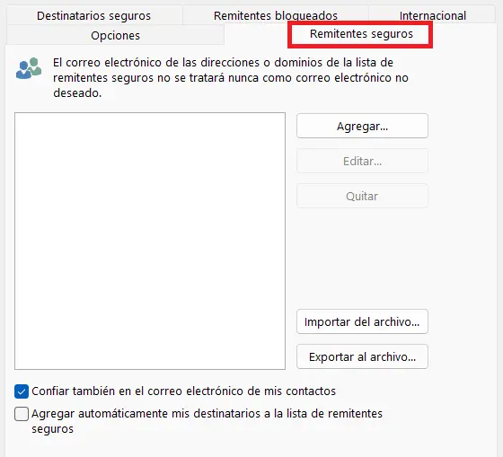 Imagen: Apartado de remitentes seguros en Outlook