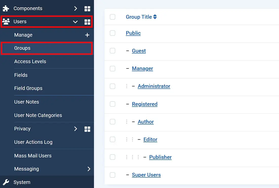 Imagen: Grupos de usuarios por defecto en Joomla