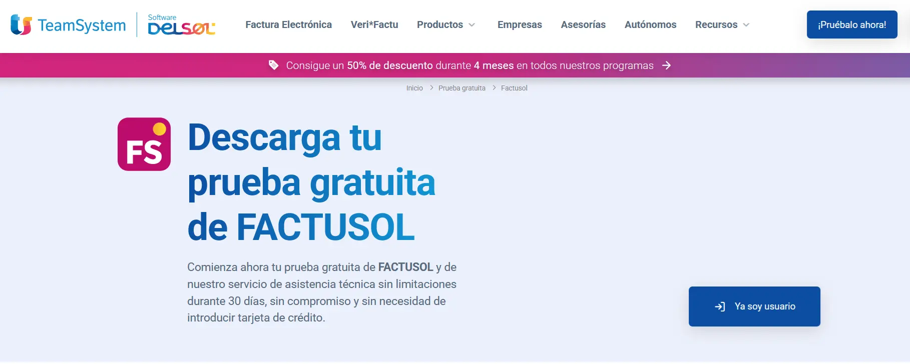 Página web del software FACTUSOL Imagen: Página web del software FACTUSOL