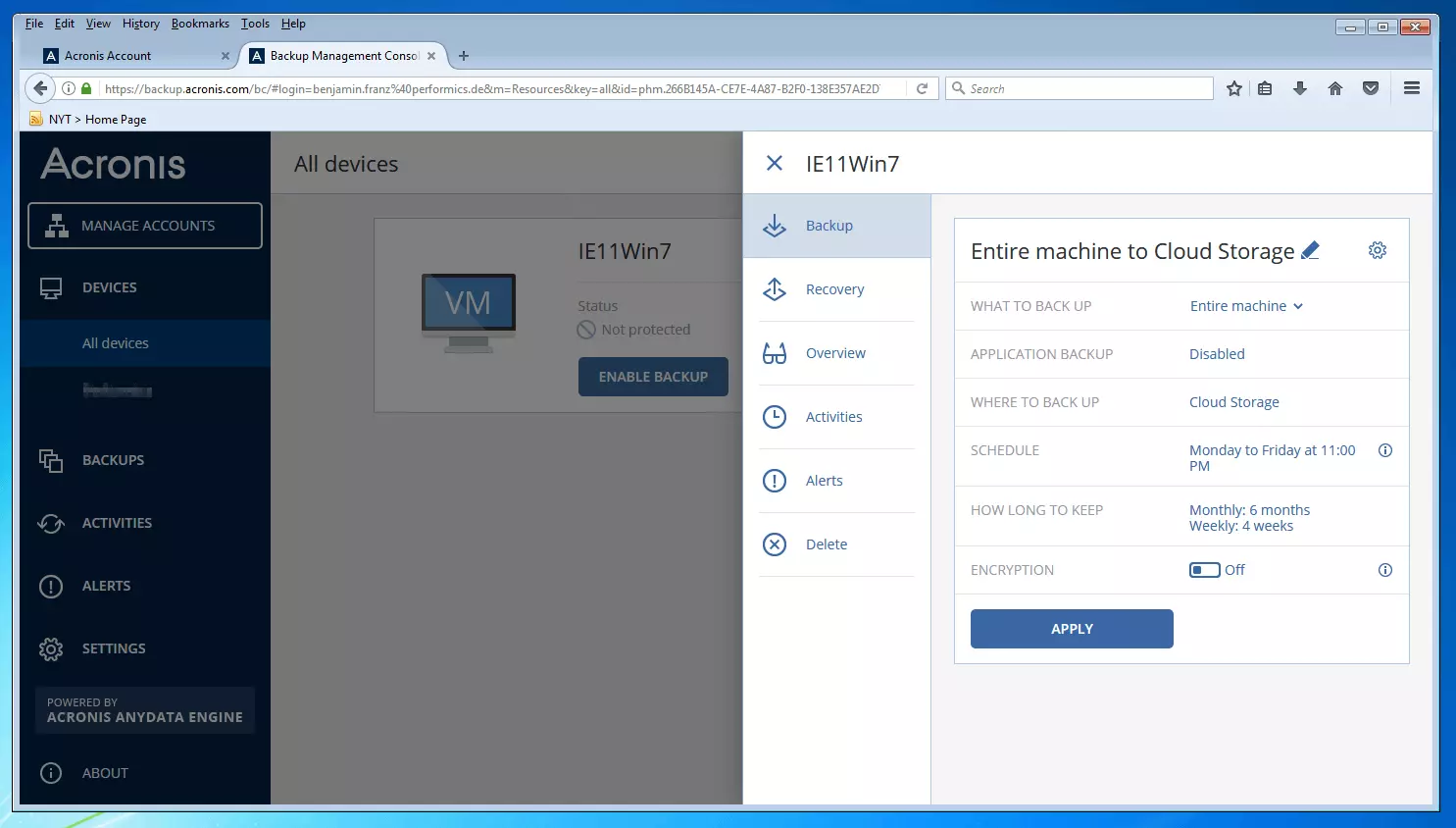 Imagen: Consola de copia de seguridad de Acronis Backup 12.5: menú para la creación de planes de copias de seguridad