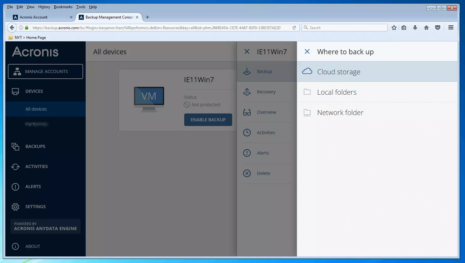Imagen: Consola de gestión de backups de Acronis Backup 12.5: menú para la selección del destino del backup
