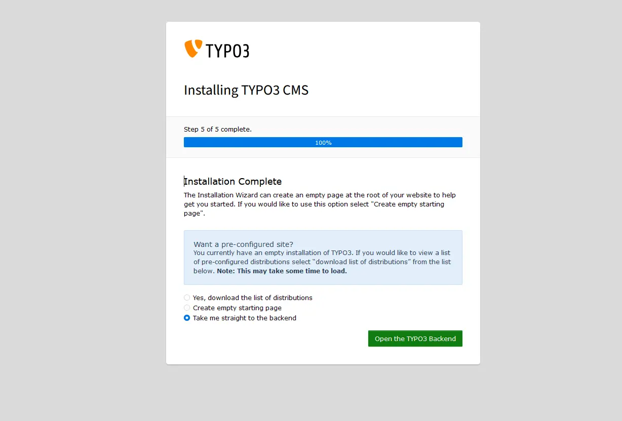 Imagen: La instalaci&oacute;n de TYPO3 se ha completado