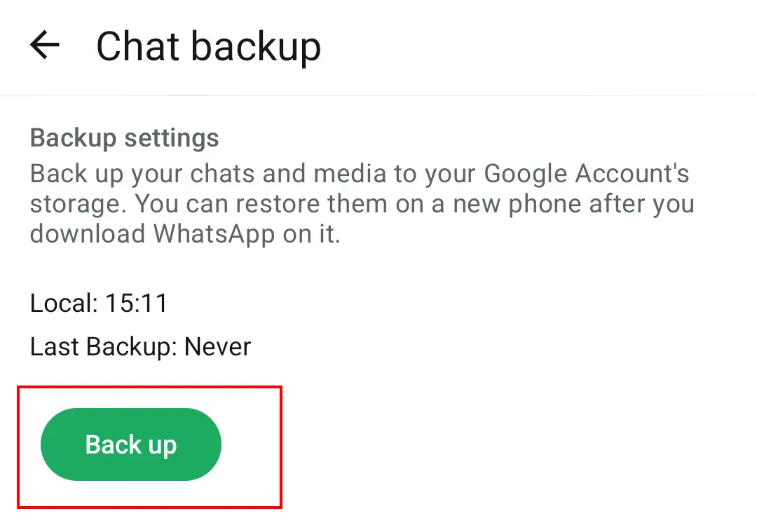 Botón de “Guardar” (Back up) para hacer la copia de seguridad de los chats de WhatsApp una vez configurada) Imagen: Botón de “Guardar” (Back up) para hacer la copia de seguridad de los chats de WhatsApp una vez configurada)