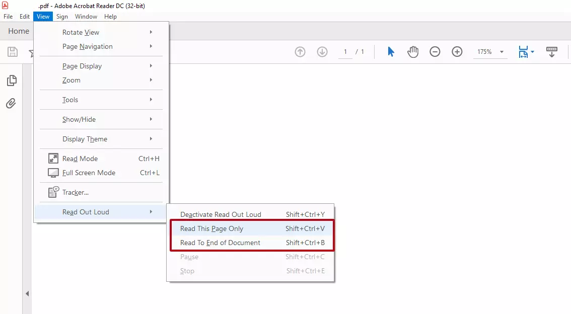 Imagen: Adobe Acrobat Reader: Acciones “Pausa” y “Detener” en “Ver” > “Leer en voz alta” > “Activar lectura en voz alta”