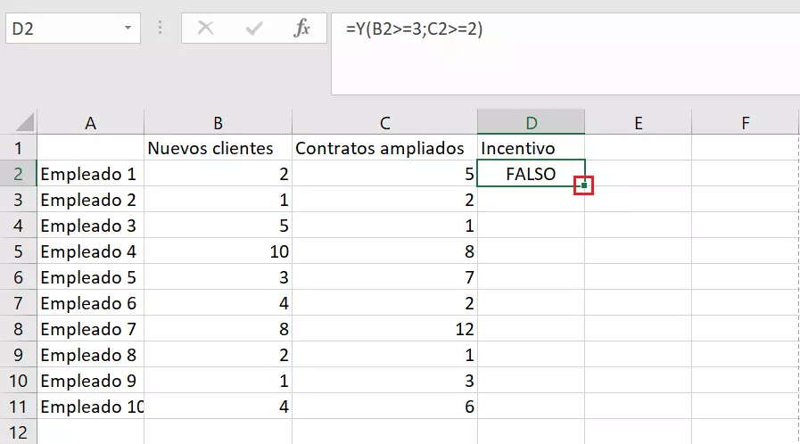 Imagen: Función Y en Excel: arrastrar la fórmula a varias celdas.