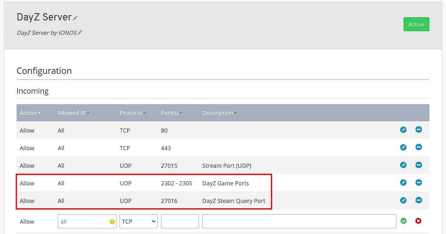 Imagen: Puertos abiertos en el IONOS Cloud Panel