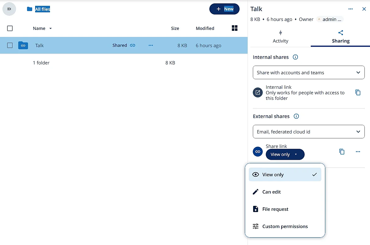 Configurar permisos al compartir una carpeta en Nextcloud Imagen: Configurar permisos al compartir una carpeta en Nextcloud